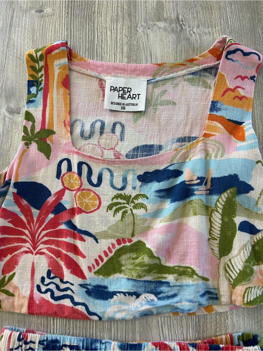 Paper Heart Tropical Print Linen Blend Two-Piece Crop Top and Shorts Set Summer - Picture 2 of 15